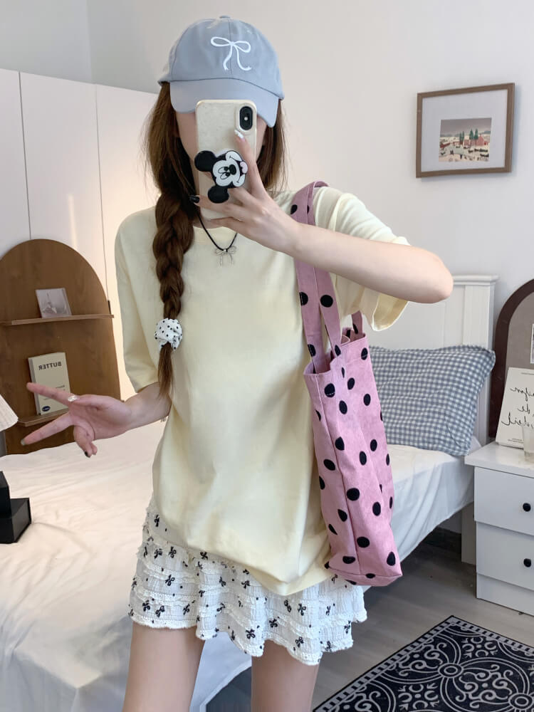 summer cotton t-shirt for girls, loose fit solid color tee, casual sweet triacetate top OOTDAY
