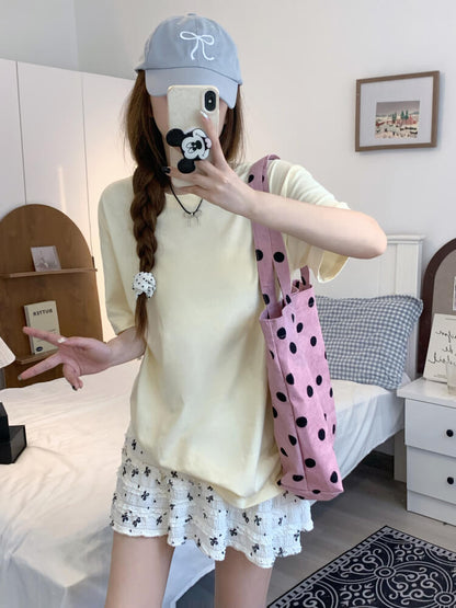 summer cotton t-shirt for girls, loose fit solid color tee, casual sweet triacetate top OOTDAY
