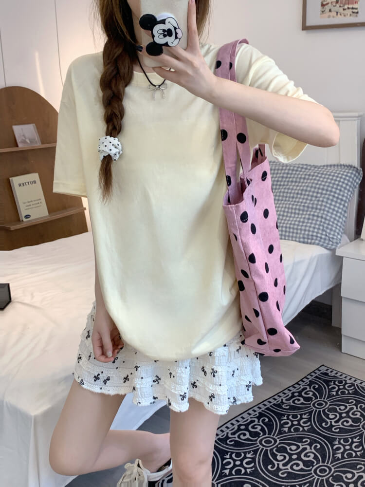 summer cotton t-shirt for girls, loose fit solid color tee, casual sweet triacetate top OOTDAY