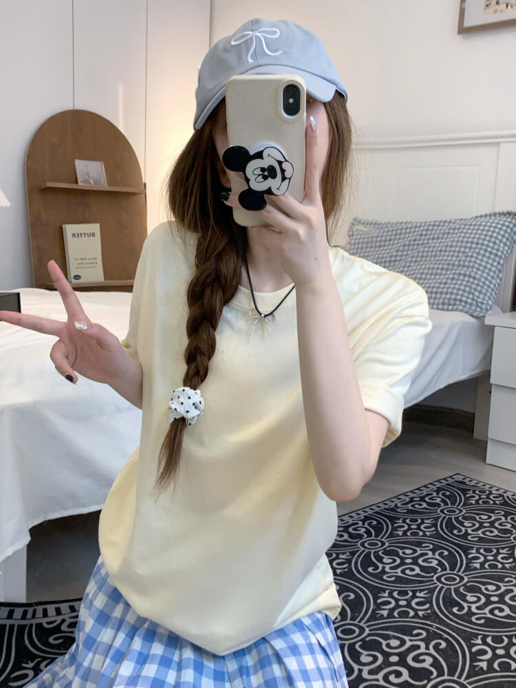 summer cotton t-shirt for girls, loose fit solid color tee, casual sweet triacetate top OOTDAY
