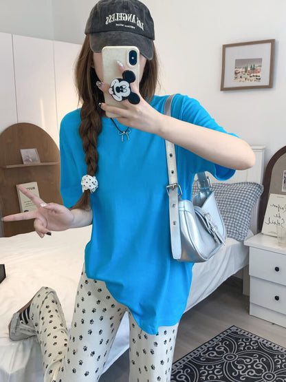 summer cotton t-shirt for girls, loose fit solid color tee, casual sweet triacetate top OOTDAY