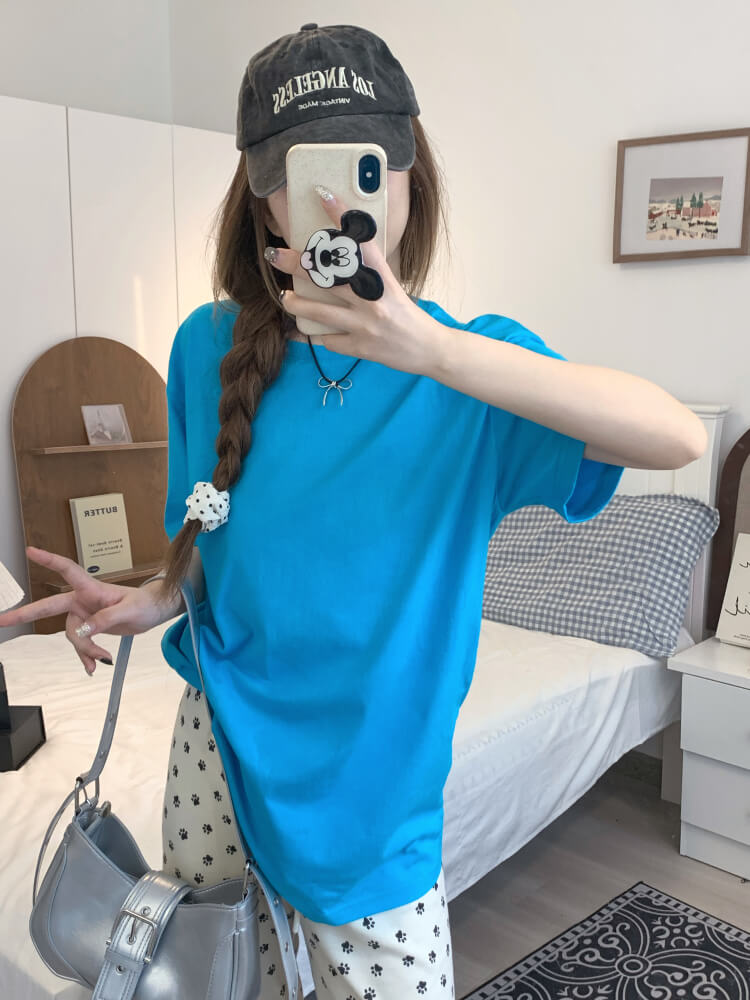 summer cotton t-shirt for girls, loose fit solid color tee, casual sweet triacetate top OOTDAY
