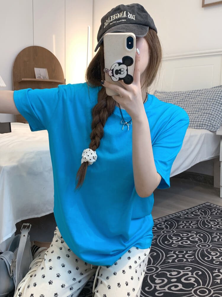 summer cotton t-shirt for girls, loose fit solid color tee, casual sweet triacetate top OOTDAY