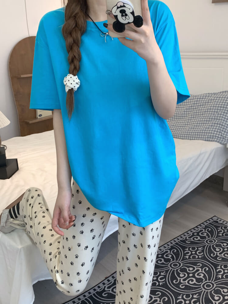 summer cotton t-shirt for girls, loose fit solid color tee, casual sweet triacetate top OOTDAY