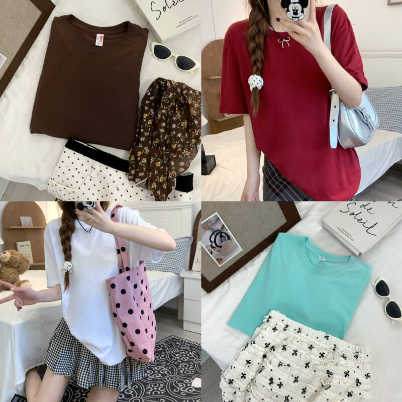 summer cotton t-shirt for girls, loose fit solid color tee, casual sweet triacetate top OOTDAY
