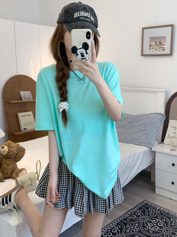 summer cotton t-shirt for girls, loose fit solid color tee, casual sweet triacetate top OOTDAY