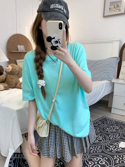 summer cotton t-shirt for girls, loose fit solid color tee, casual sweet triacetate top OOTDAY