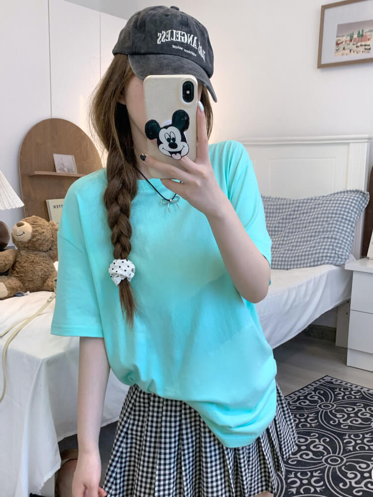 summer cotton t-shirt for girls, loose fit solid color tee, casual sweet triacetate top OOTDAY