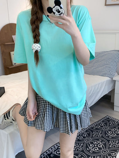 summer cotton t-shirt for girls, loose fit solid color tee, casual sweet triacetate top OOTDAY