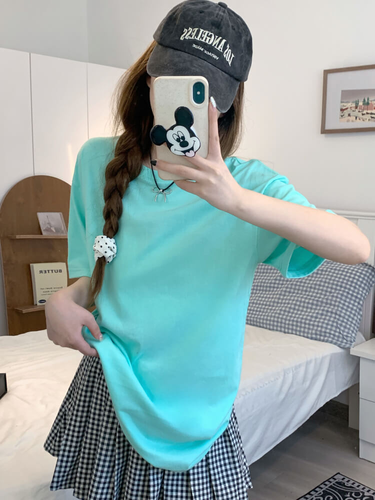 summer cotton t-shirt for girls, loose fit solid color tee, casual sweet triacetate top OOTDAY