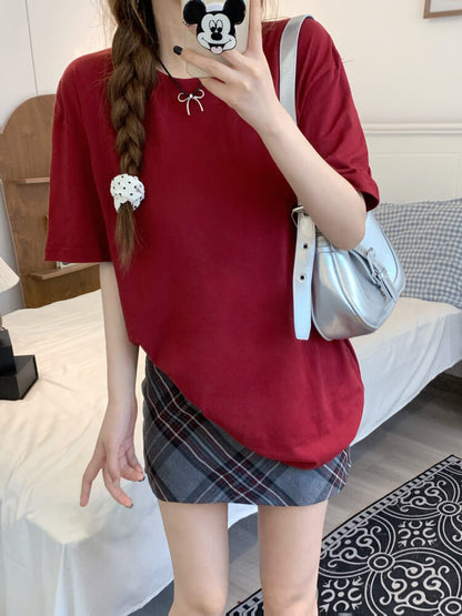 summer cotton t-shirt for girls, loose fit solid color tee, casual sweet triacetate top OOTDAY