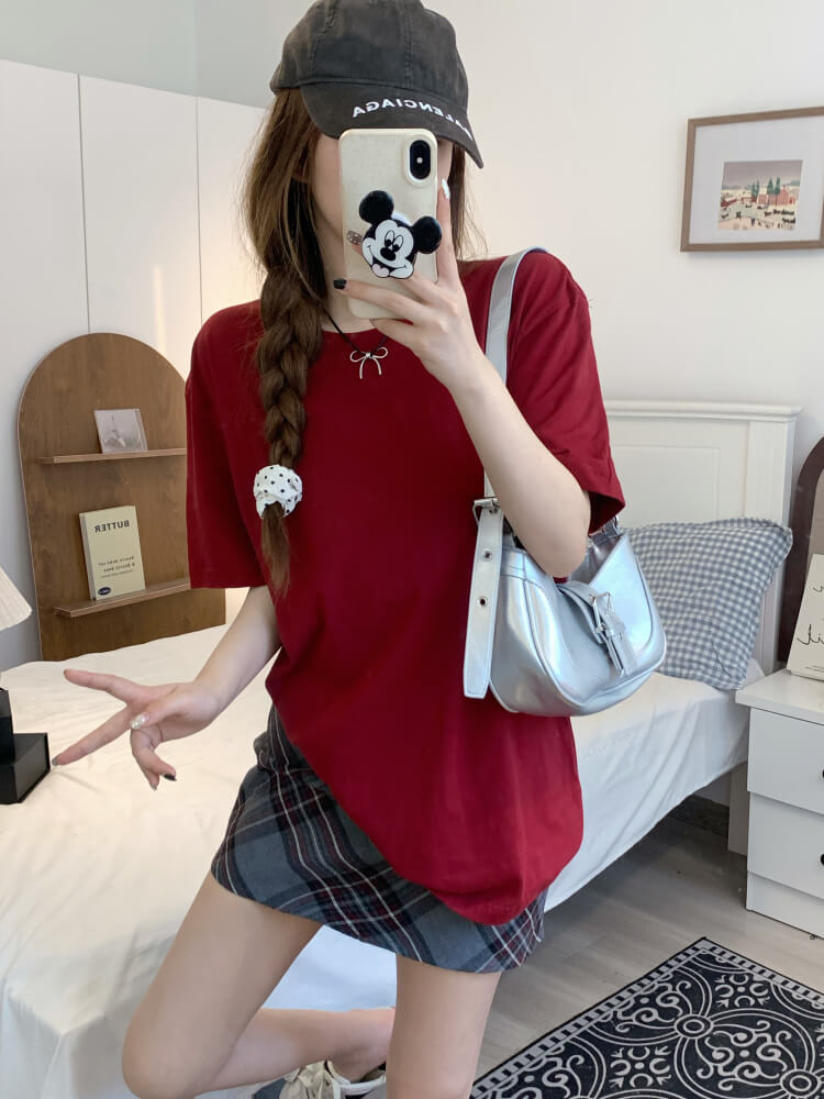 summer cotton t-shirt for girls, loose fit solid color tee, casual sweet triacetate top OOTDAY