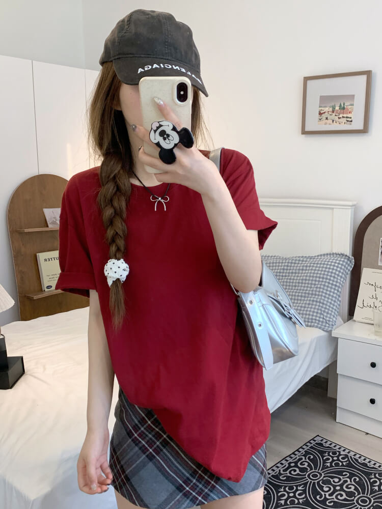 summer cotton t-shirt for girls, loose fit solid color tee, casual sweet triacetate top OOTDAY