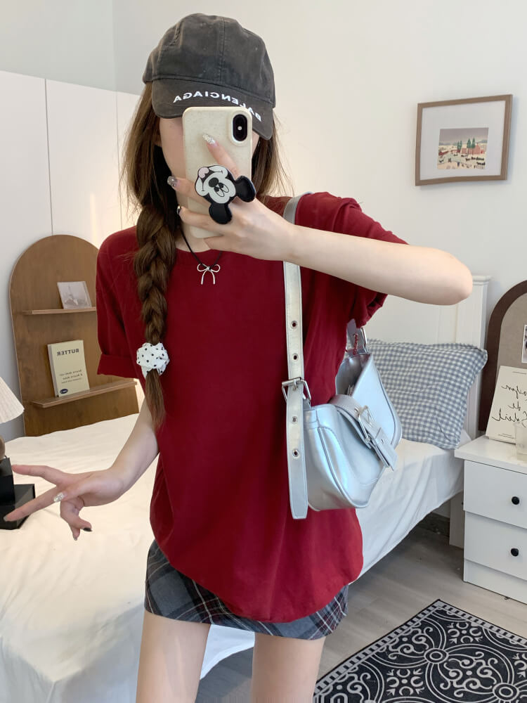 summer cotton t-shirt for girls, loose fit solid color tee, casual sweet triacetate top OOTDAY