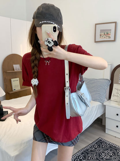 summer cotton t-shirt for girls, loose fit solid color tee, casual sweet triacetate top OOTDAY