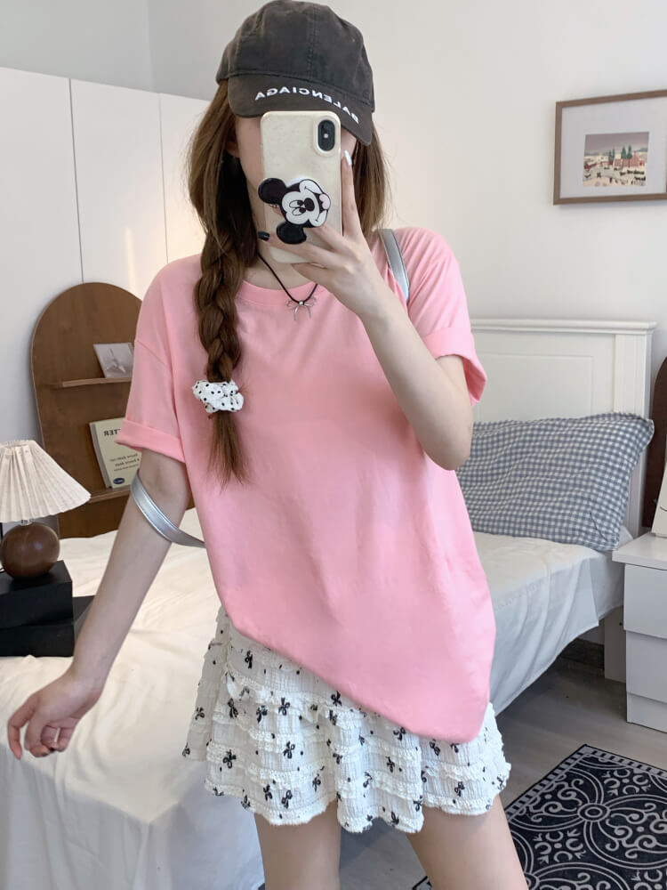 summer cotton t-shirt for girls, loose fit solid color tee, casual sweet triacetate top OOTDAY