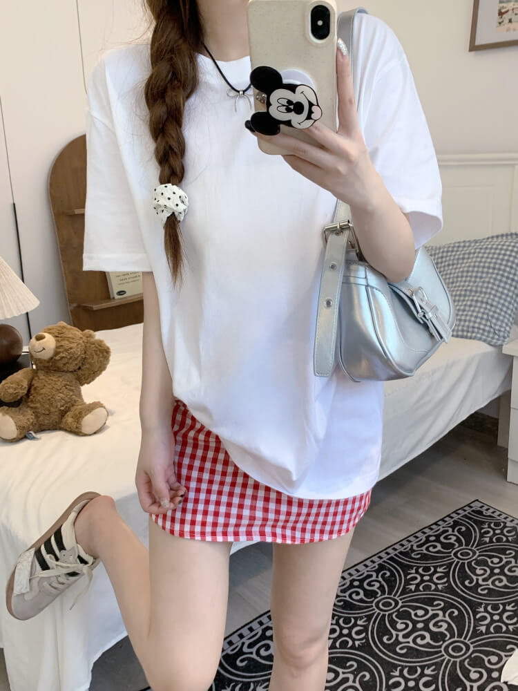 summer cotton t-shirt for girls, loose fit solid color tee, casual sweet triacetate top OOTDAY
