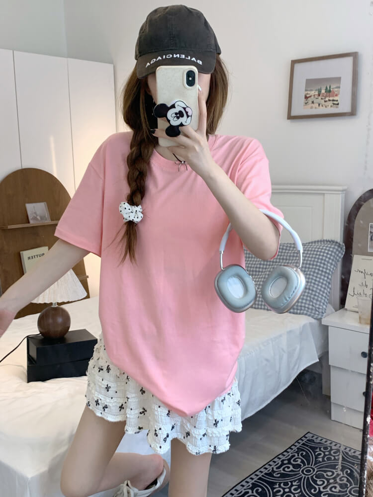 summer cotton t-shirt for girls, loose fit solid color tee, casual sweet triacetate top OOTDAY