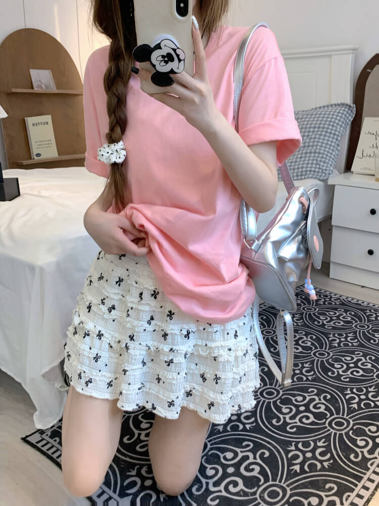 summer cotton t-shirt for girls, loose fit solid color tee, casual sweet triacetate top OOTDAY