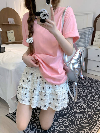 summer cotton t-shirt for girls, loose fit solid color tee, casual sweet triacetate top OOTDAY