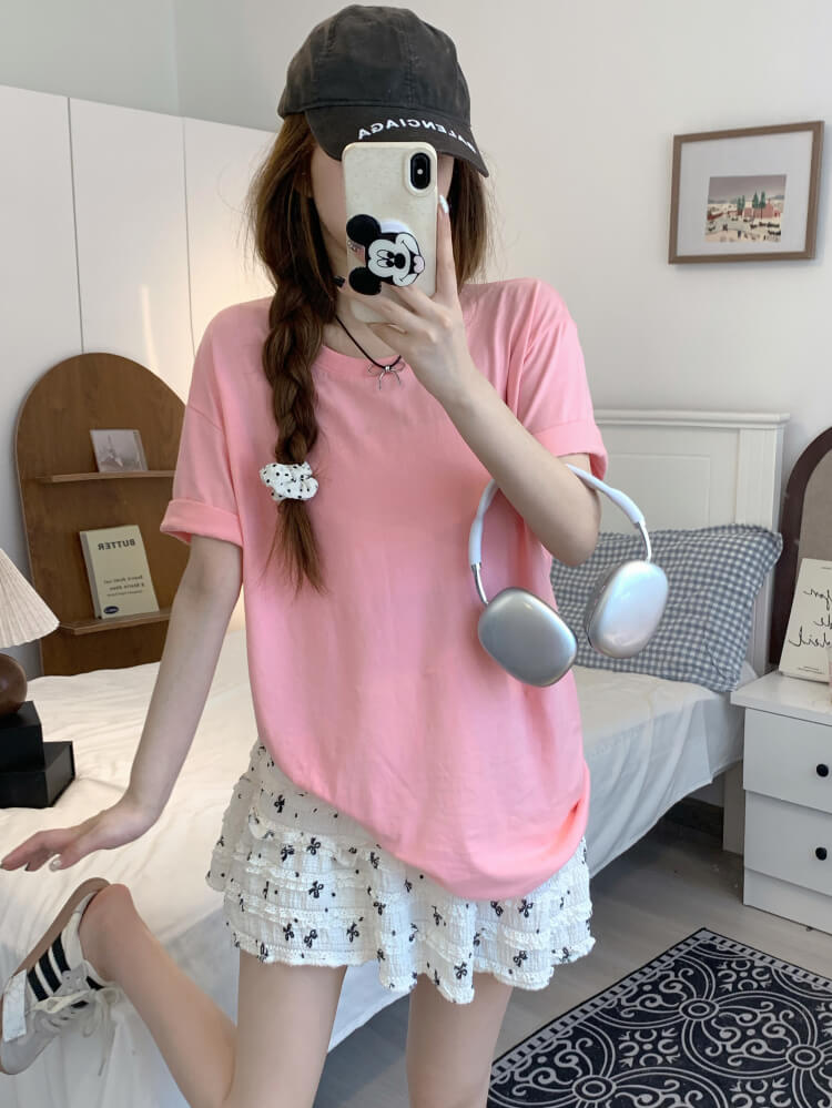 summer cotton t-shirt for girls, loose fit solid color tee, casual sweet triacetate top OOTDAY