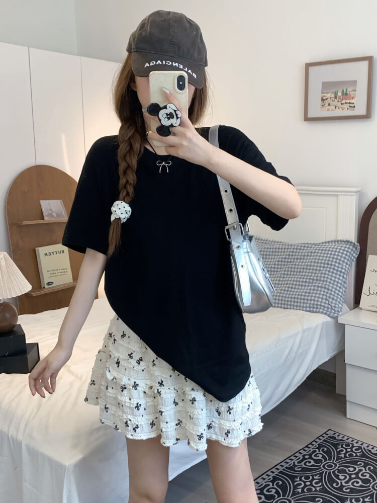 summer cotton t-shirt for girls, loose fit solid color tee, casual sweet triacetate top OOTDAY