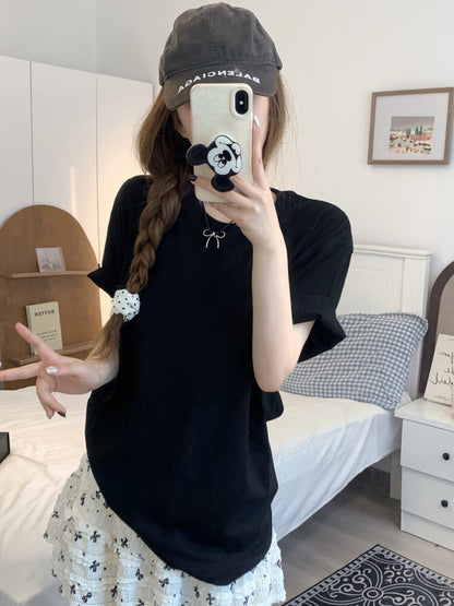 summer cotton t-shirt for girls, loose fit solid color tee, casual sweet triacetate top OOTDAY