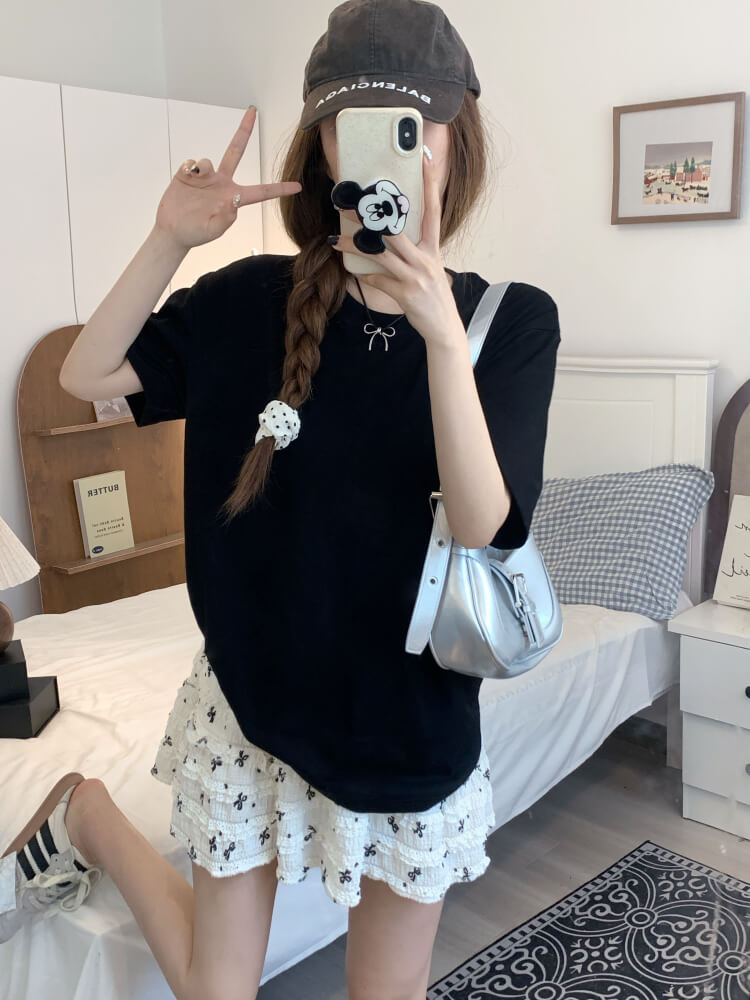 summer cotton t-shirt for girls, loose fit solid color tee, casual sweet triacetate top OOTDAY
