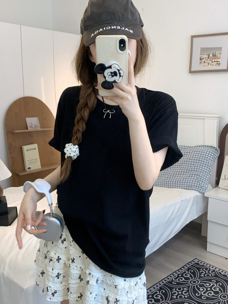summer cotton t-shirt for girls, loose fit solid color tee, casual sweet triacetate top OOTDAY