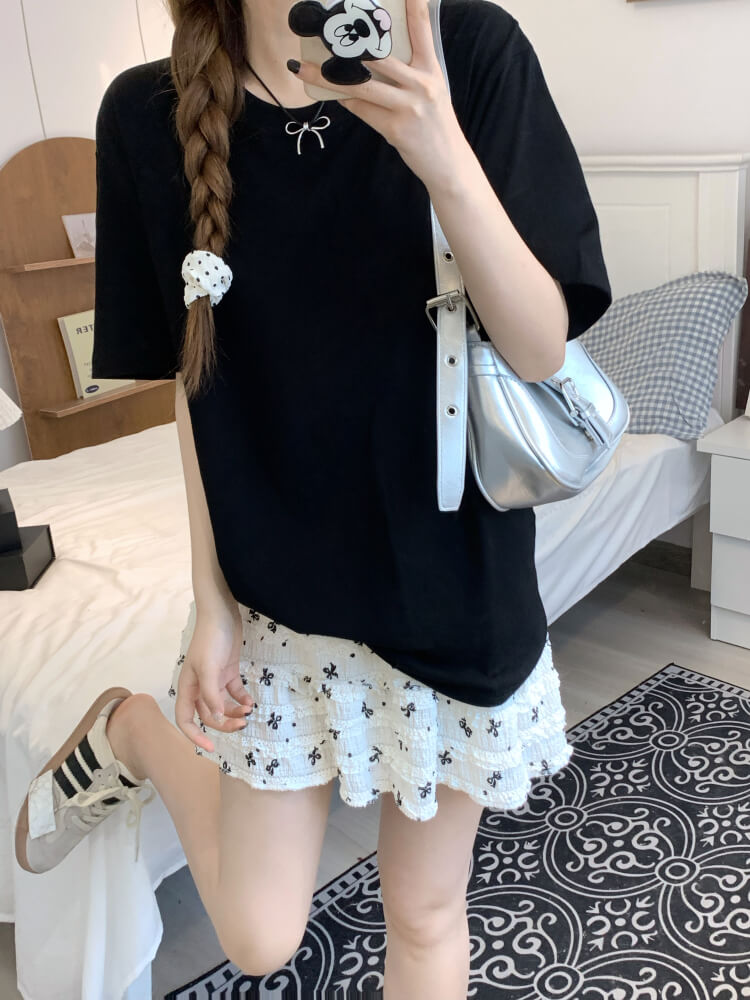 summer cotton t-shirt for girls, loose fit solid color tee, casual sweet triacetate top OOTDAY