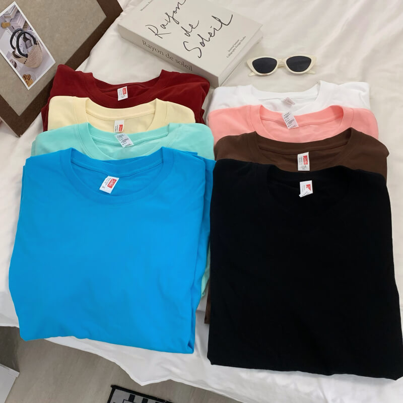 summer cotton t-shirt for girls, loose fit solid color tee, casual sweet triacetate top OOTDAY
