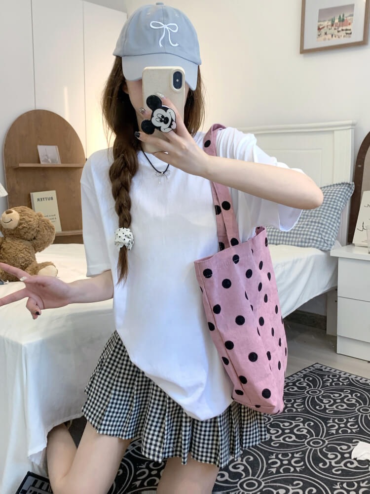 summer cotton t-shirt for girls, loose fit solid color tee, casual sweet triacetate top OOTDAY