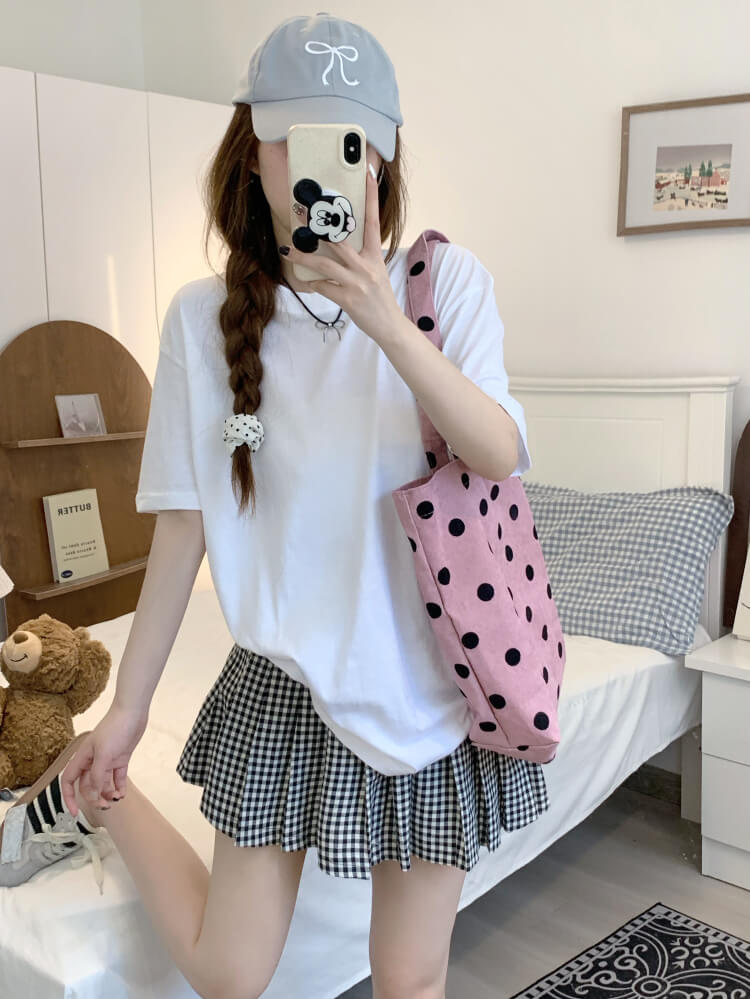 summer cotton t-shirt for girls, loose fit solid color tee, casual sweet triacetate top OOTDAY