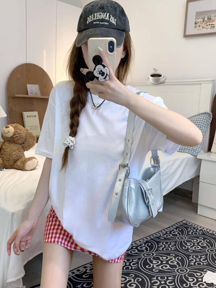 summer cotton t-shirt for girls, loose fit solid color tee, casual sweet triacetate top OOTDAY