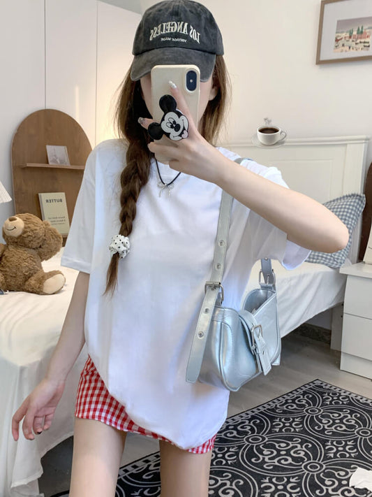 summer cotton t-shirt for girls, loose fit solid color tee, casual sweet triacetate top OOTDAY