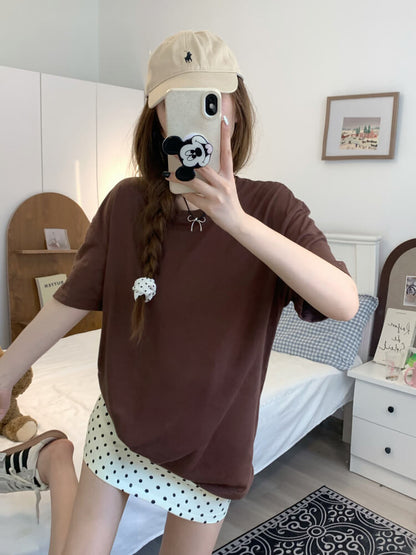 summer cotton t-shirt for girls, loose fit solid color tee, casual sweet triacetate top OOTDAY
