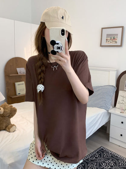 summer cotton t-shirt for girls, loose fit solid color tee, casual sweet triacetate top OOTDAY