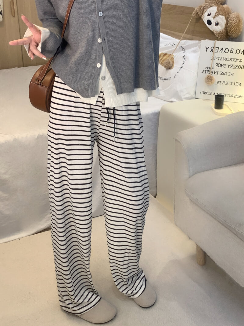 striped high waist wide-leg pants for summer, black and white flowy trousers, OOTDAY casual preppy style pants