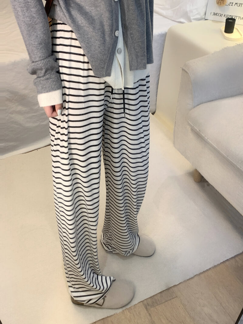 striped high waist wide-leg pants for summer, black and white flowy trousers, OOTDAY casual preppy style pants