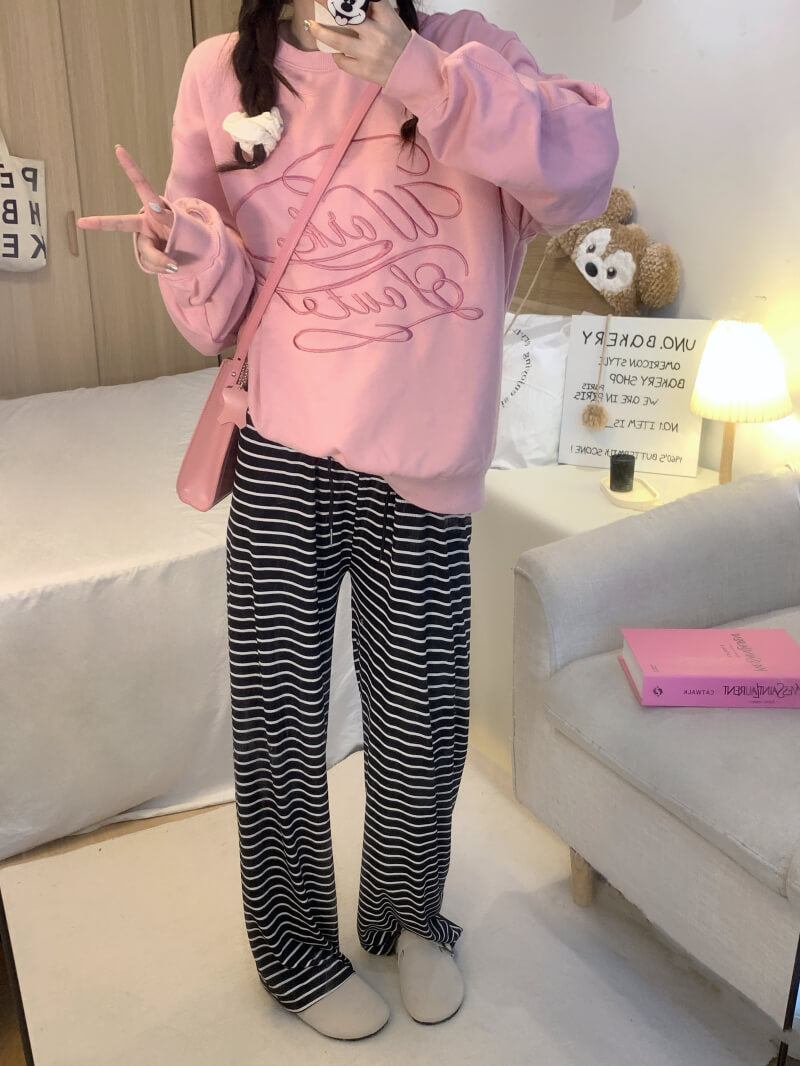 striped high waist wide-leg pants for summer, black and white flowy trousers, OOTDAY casual preppy style pants