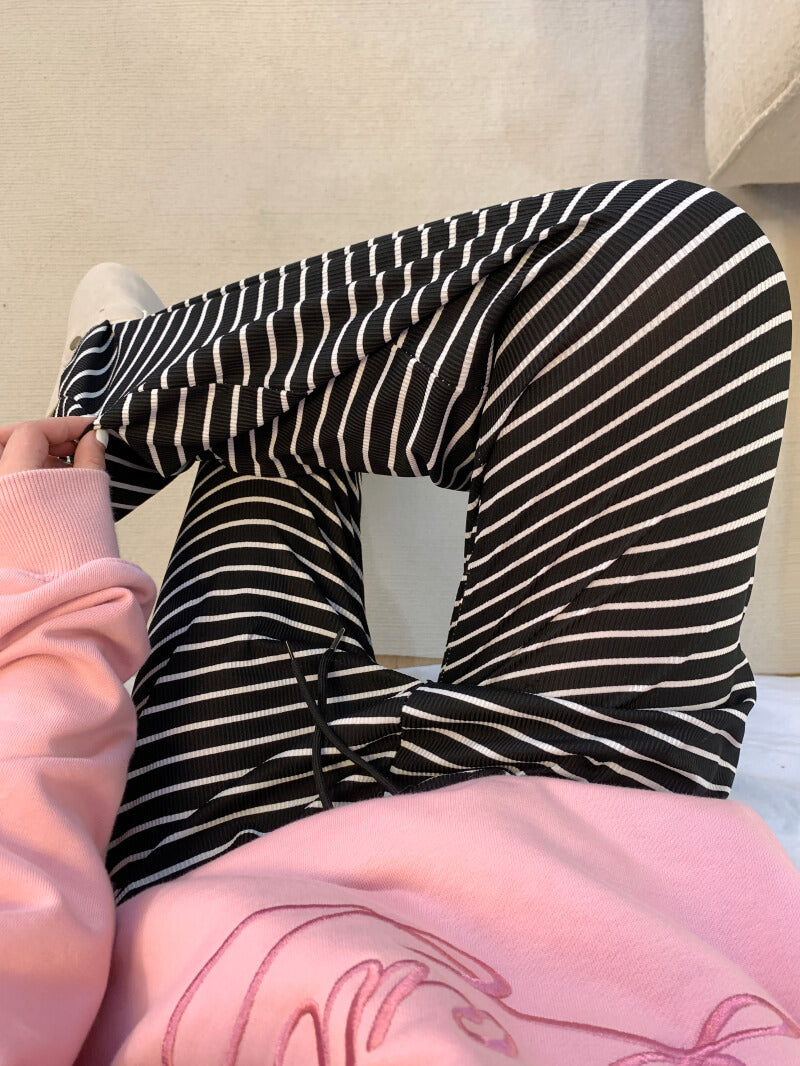 striped high waist wide-leg pants for summer, black and white flowy trousers, OOTDAY casual preppy style pants
