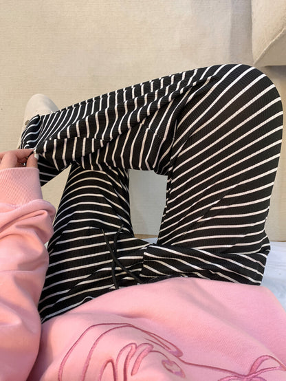 striped high waist wide-leg pants for summer, black and white flowy trousers, OOTDAY casual preppy style pants