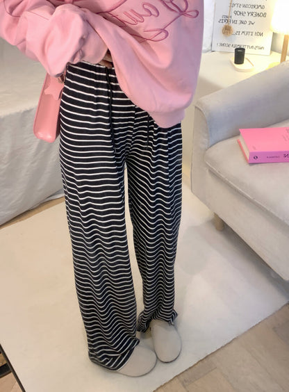 striped high waist wide-leg pants for summer, black and white flowy trousers, OOTDAY casual preppy style pants