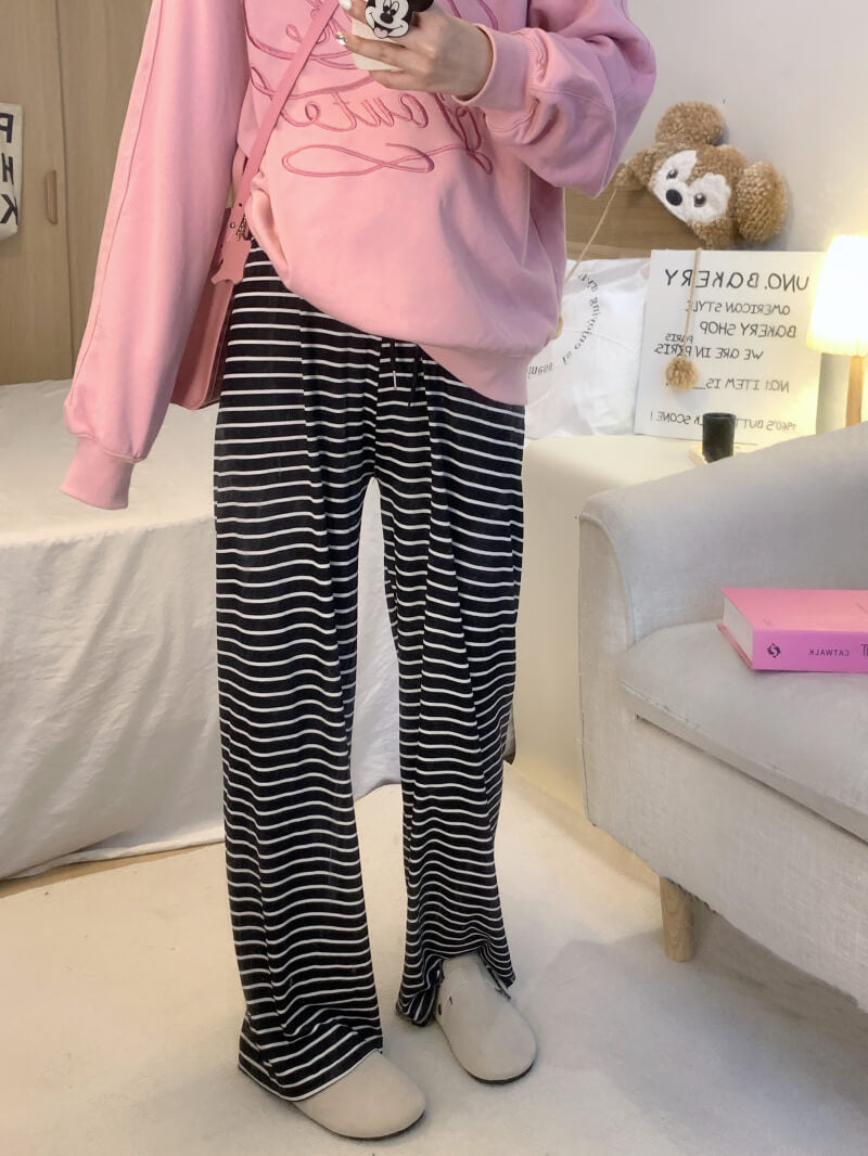 striped high waist wide-leg pants for summer, black and white flowy trousers, OOTDAY casual preppy style pants