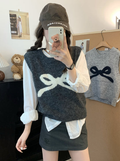 OOTDAY Korean knit vest, sleeveless pullover with bow, cute wool vest, sweet style round-neck vest, loose fit knit sweater vest