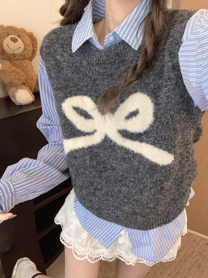 OOTDAY Korean knit vest, sleeveless pullover with bow, cute wool vest, sweet style round-neck vest, loose fit knit sweater vest
