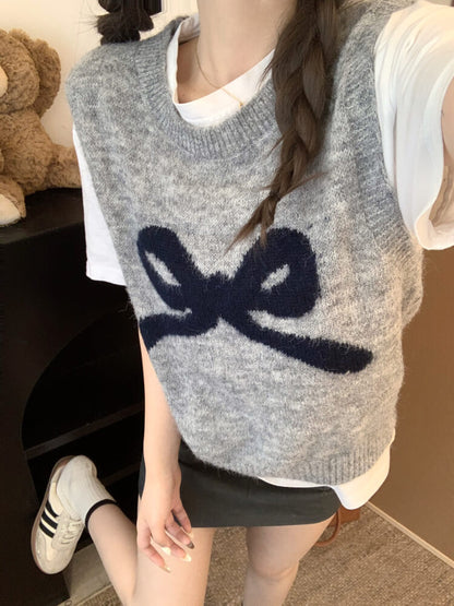 OOTDAY Korean knit vest, sleeveless pullover with bow, cute wool vest, sweet style round-neck vest, loose fit knit sweater vest