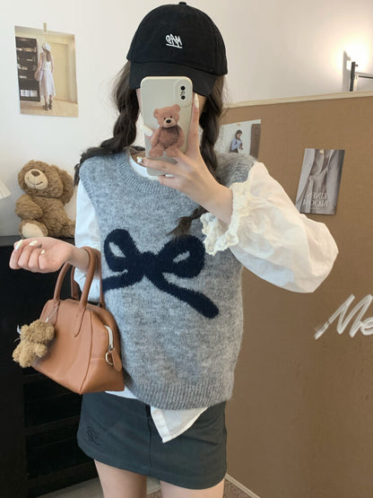 OOTDAY Korean knit vest, sleeveless pullover with bow, cute wool vest, sweet style round-neck vest, loose fit knit sweater vest