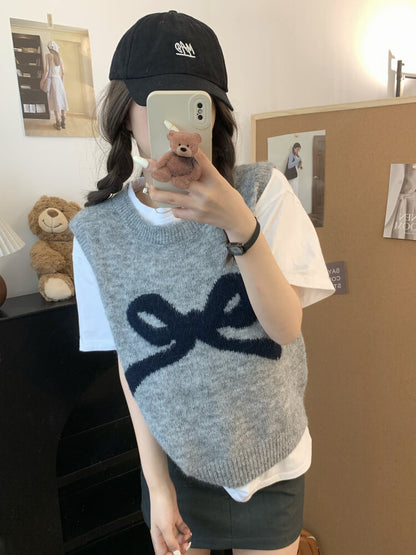 OOTDAY Korean knit vest, sleeveless pullover with bow, cute wool vest, sweet style round-neck vest, loose fit knit sweater vest