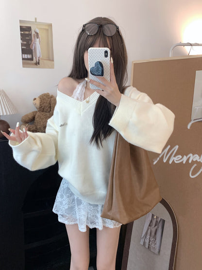 OOTDAY knit sweater set, lace slip dress outfit, V-neck pullover and lace dress, sweet girl spring set, soft aesthetic two-piece outfit